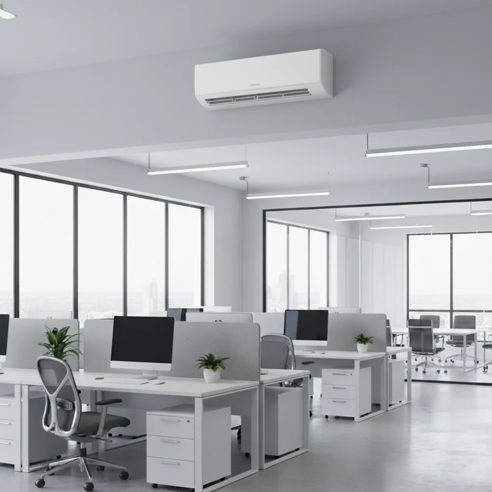 A clean office featuring white desks and a commercial air con mounted on the wall.