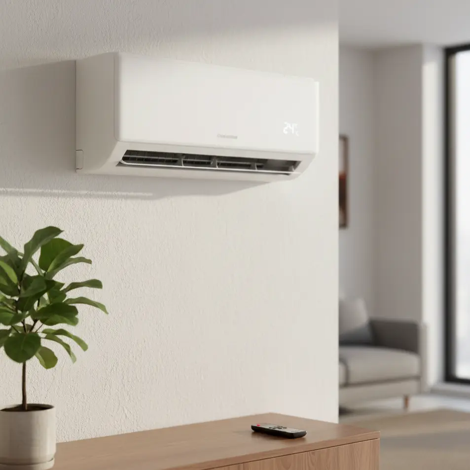 Wall-mounted split air conditioning unit showing one of the most common AC types used in homes and small offices, with digital temperature display and remote control.