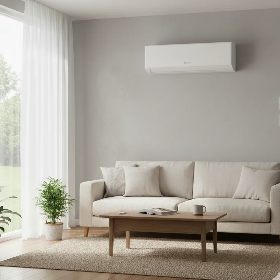 Wall-mounted air conditioning unit in a modern living room, a common source of air con smell if filters or coils need cleaning.