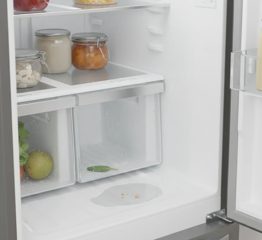 An open refrigerator filled with various food items and a puddle of water in the fridge.