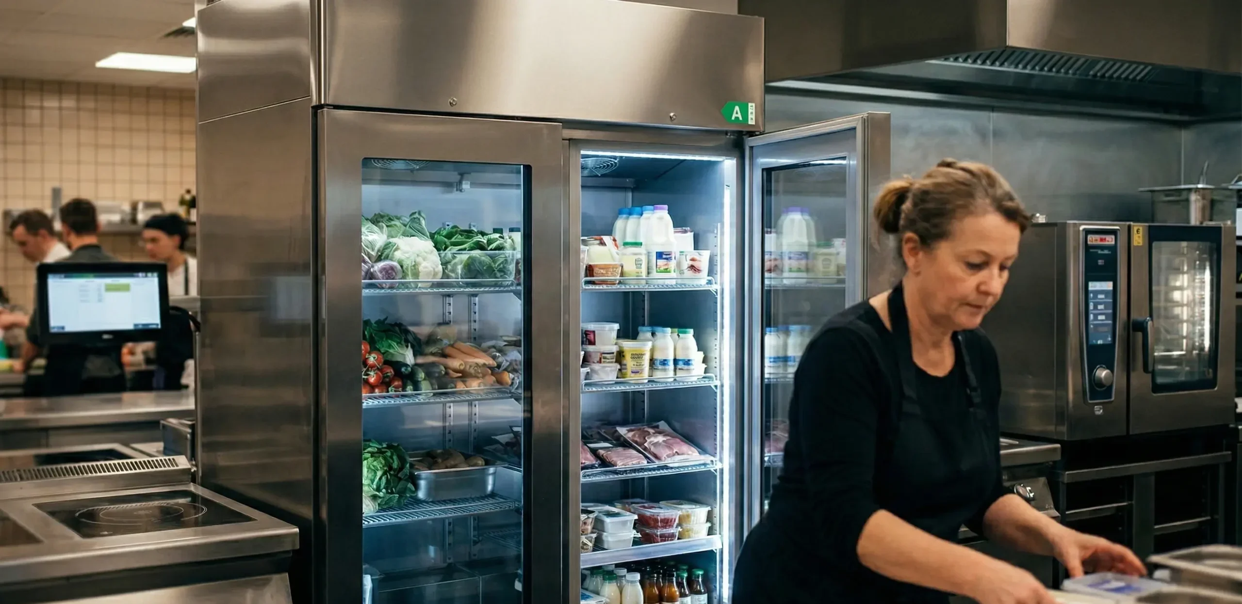 a commercial kitchen with a stainless steel energy-efficient refrigerator