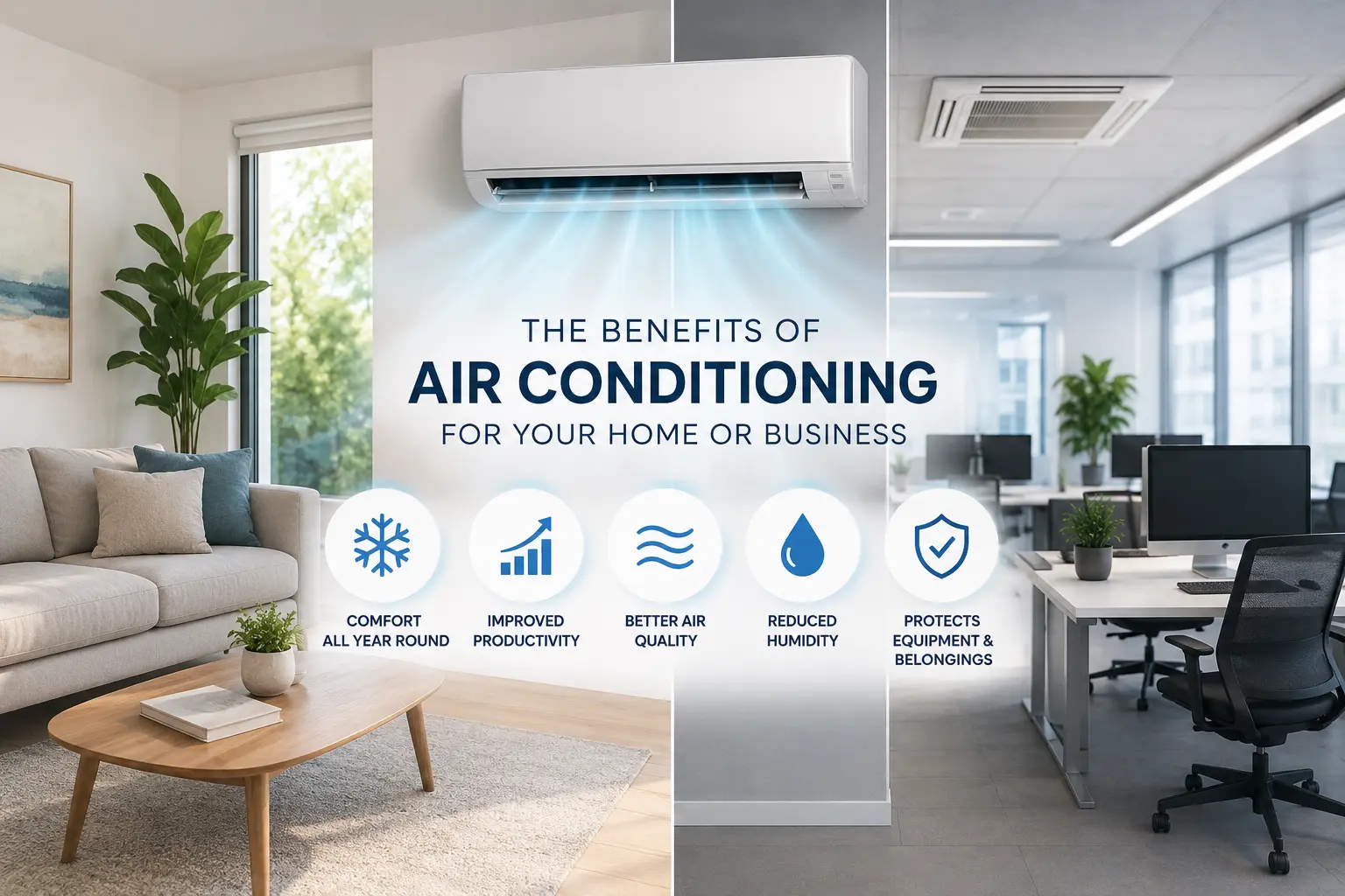 Split-screen image of a home living room and an office, both featuring air conditioning units, highlighting the benefits of air conditioning such as enhanced comfort, improved productivity, better air quality, reduced humidity, and protection for valuable equipment.